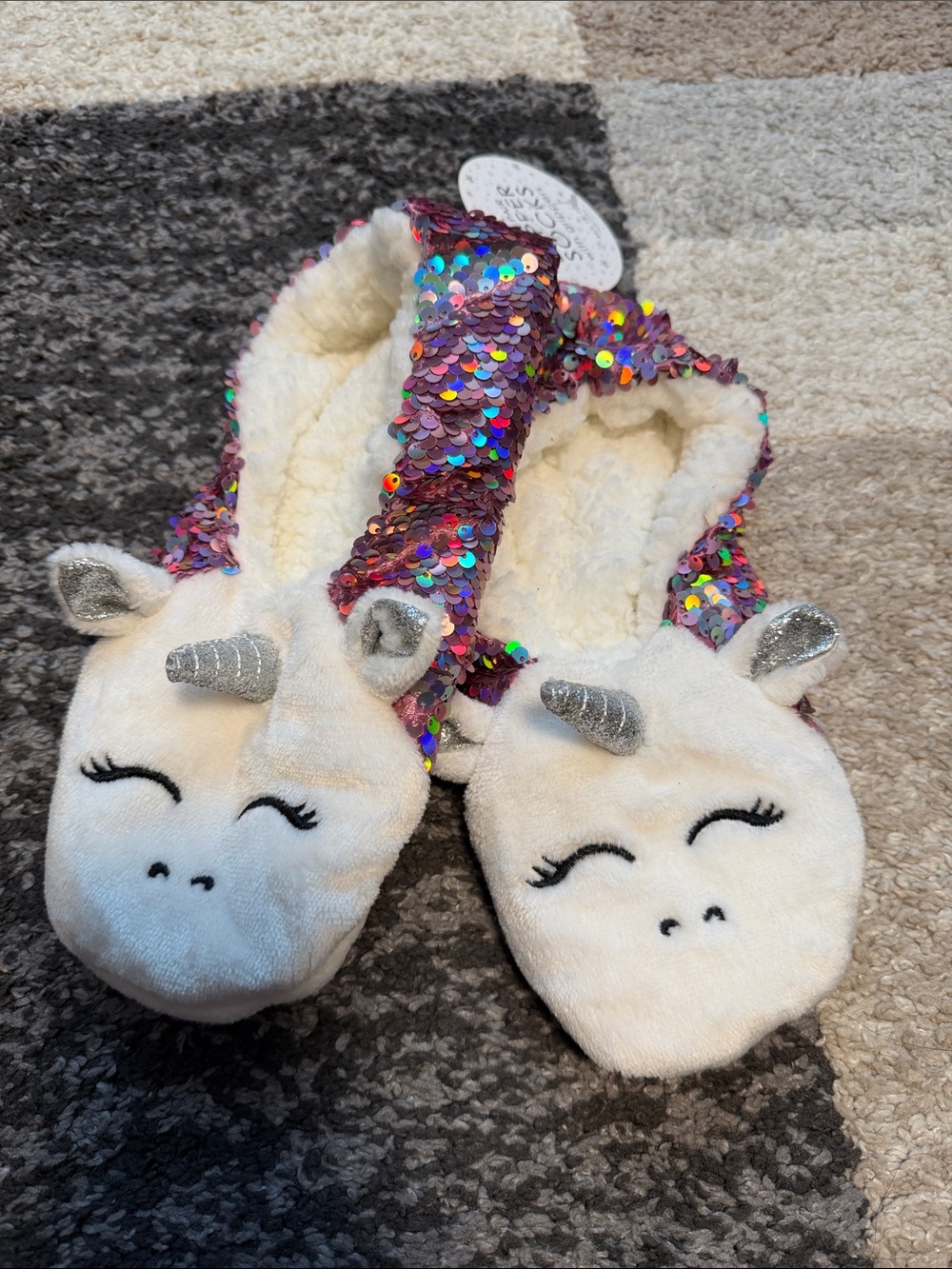 Unicorn slippers, white with iridescent purple sequins, size M/L NWT!